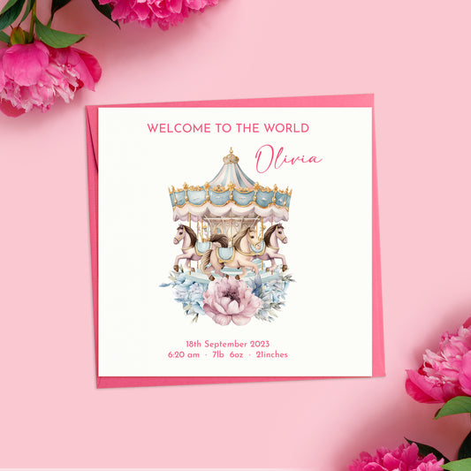 Welcome to the World Baby Girl Carousel Card