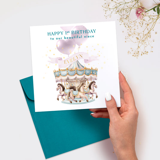 1st Birthday Carousel Greeting Card for Nieces