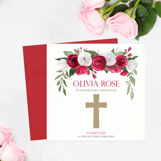 Holy Communion Card Red Roses and Cross