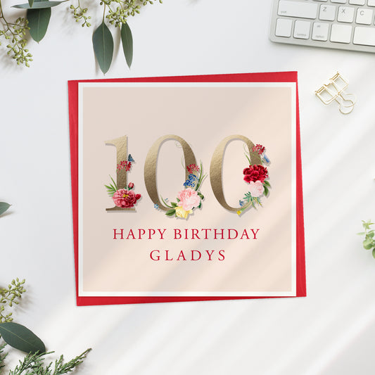 Personalised 100th Floral Birthday Card