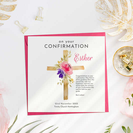 Personalised Watercolour Floral Cross Confirmation Card