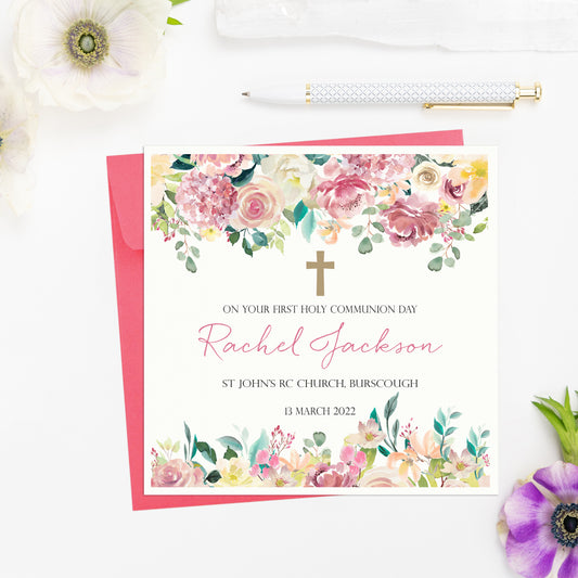 Personalised Pink Roses First Holy Communion Card