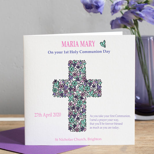 First Holy Communion Card - Floral Cross