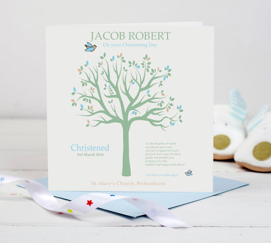Personalised Christening Card - Blue Tree