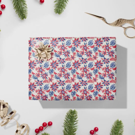Christmas Poinsettia Wrapping Paper, Henri Matisse Inspired Gift Wrap, Festive Wrapping Paper, Red and Blue Gift Wrapping Paper