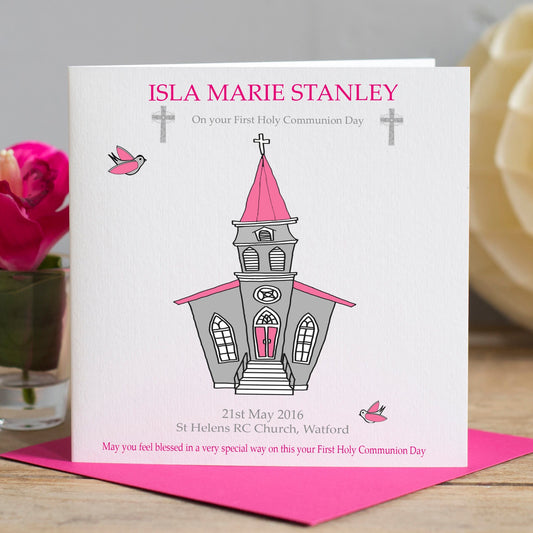 First Holy Communion Card - Pink Church