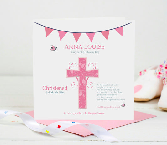 Personalised Christening Card - Pink Cross