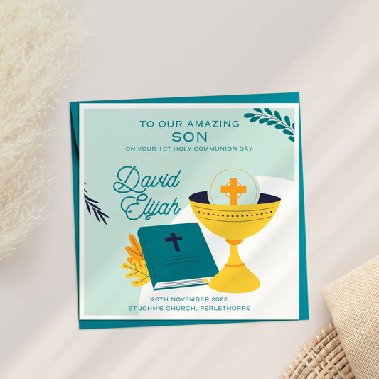 First Holy Communion Card, Boys Communion, Holy Communion Day for Grandson, Holy Communion Card for Son, 1st Holy Communion Card for Nephew