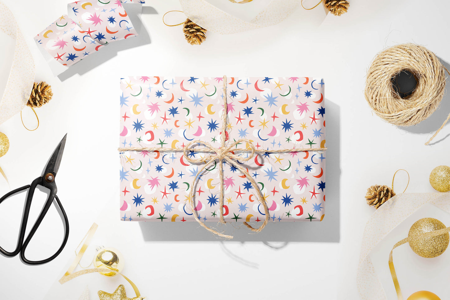 Stars and Moon Multicolour Gift Wrap, Luxury Christmas Wrapping Paper, Pretty Wrapping Paper, Pink Birthday Gift Wrapping Paper