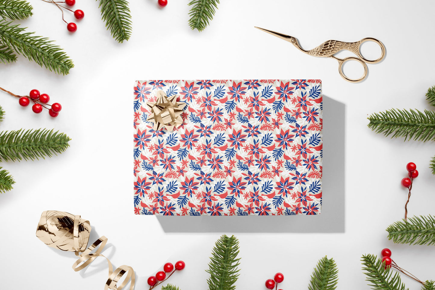 Christmas Poinsettia Wrapping Paper, Henri Matisse Inspired Gift Wrap, Festive Wrapping Paper, Red and Blue Gift Wrapping Paper
