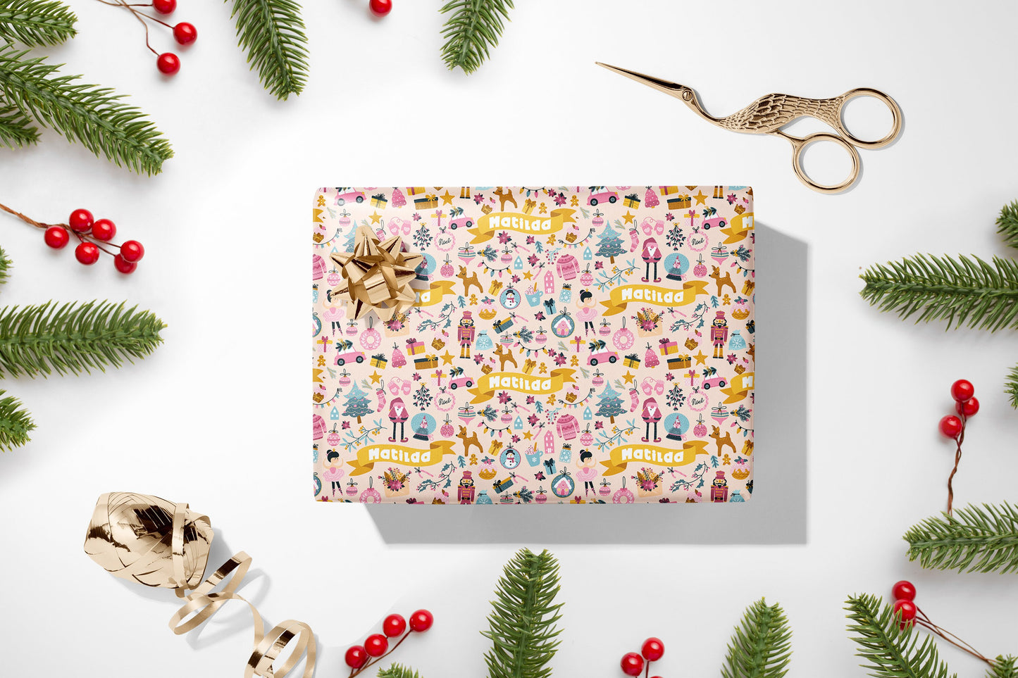 Personalised Pink Christmas Wrapping Paper, Luxury Gift Wrap, Festive Wrapping Paper, Gift Wrap, Wrapping paper with name, Girls Wrap Paper