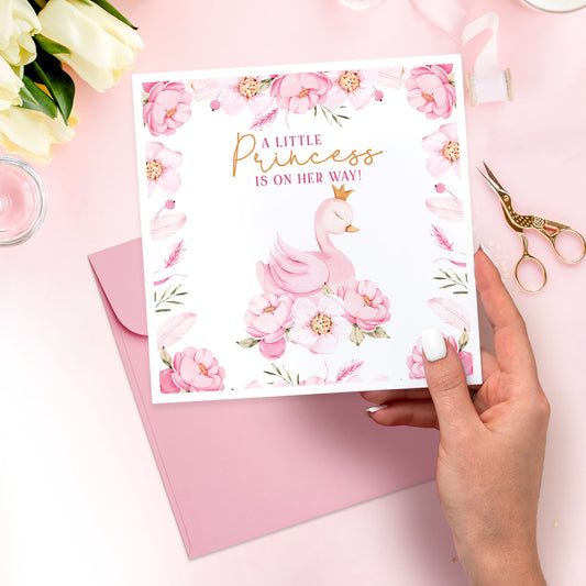 Elegant Swan Baby Shower Card with Delicate Flora