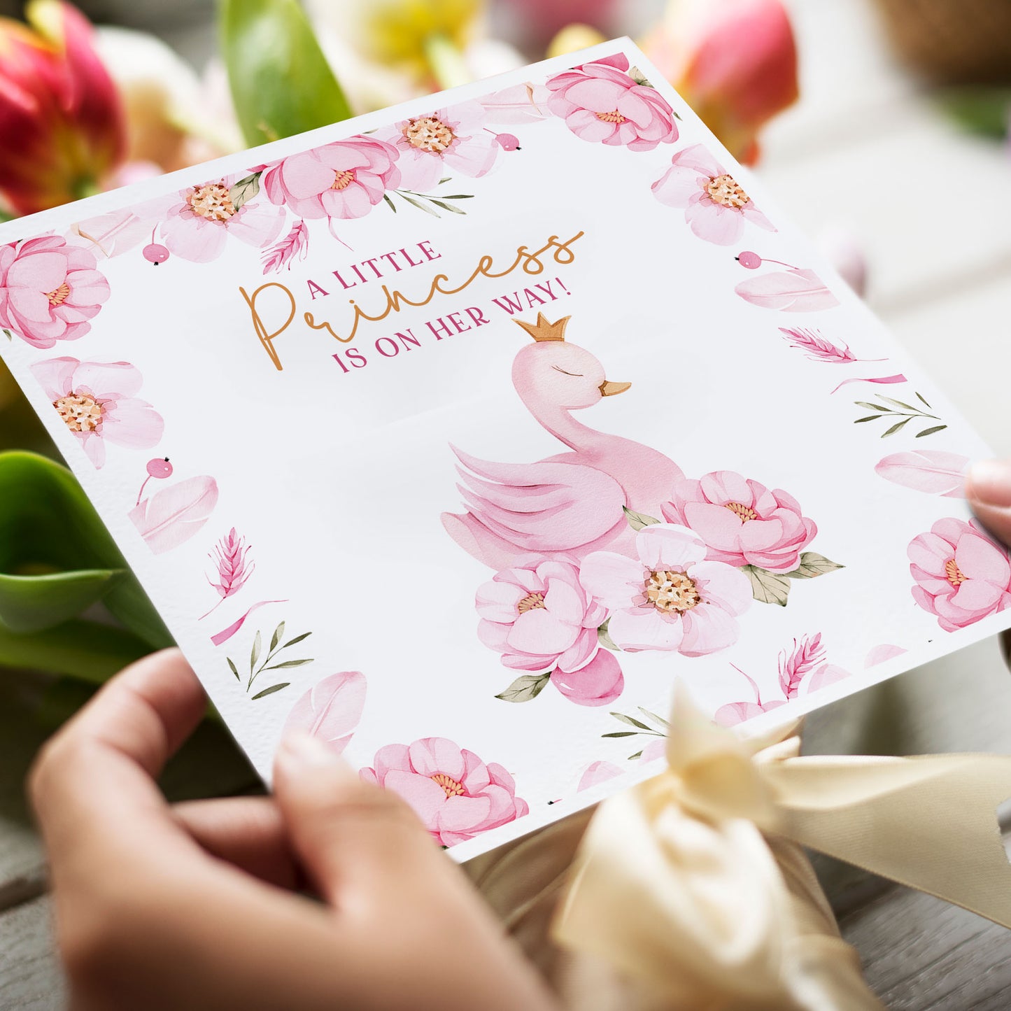 Elegant Swan Baby Shower Card with Delicate Flora