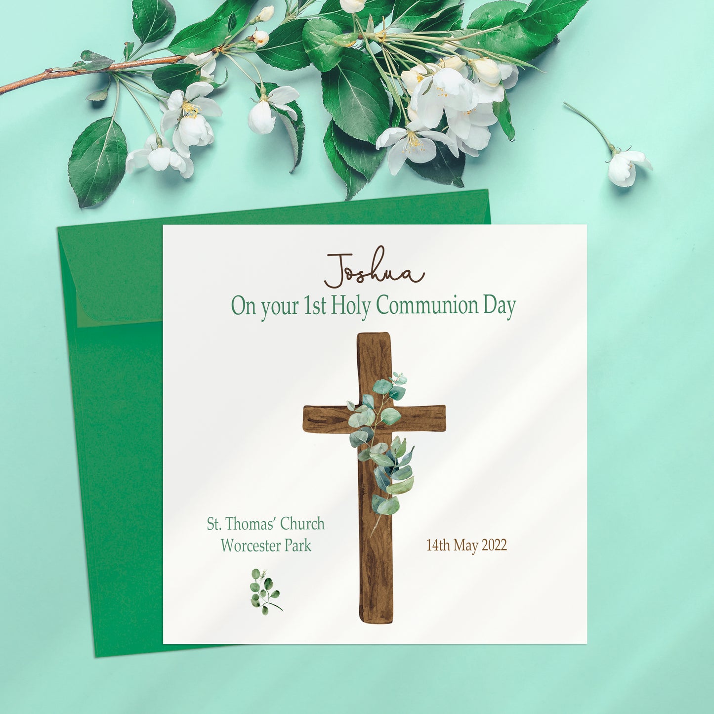 Eucalyptus Cross First Holy Communion Card