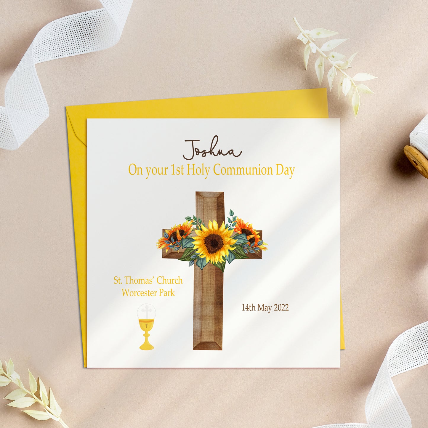Sunflower Cross First Holy Communion Card