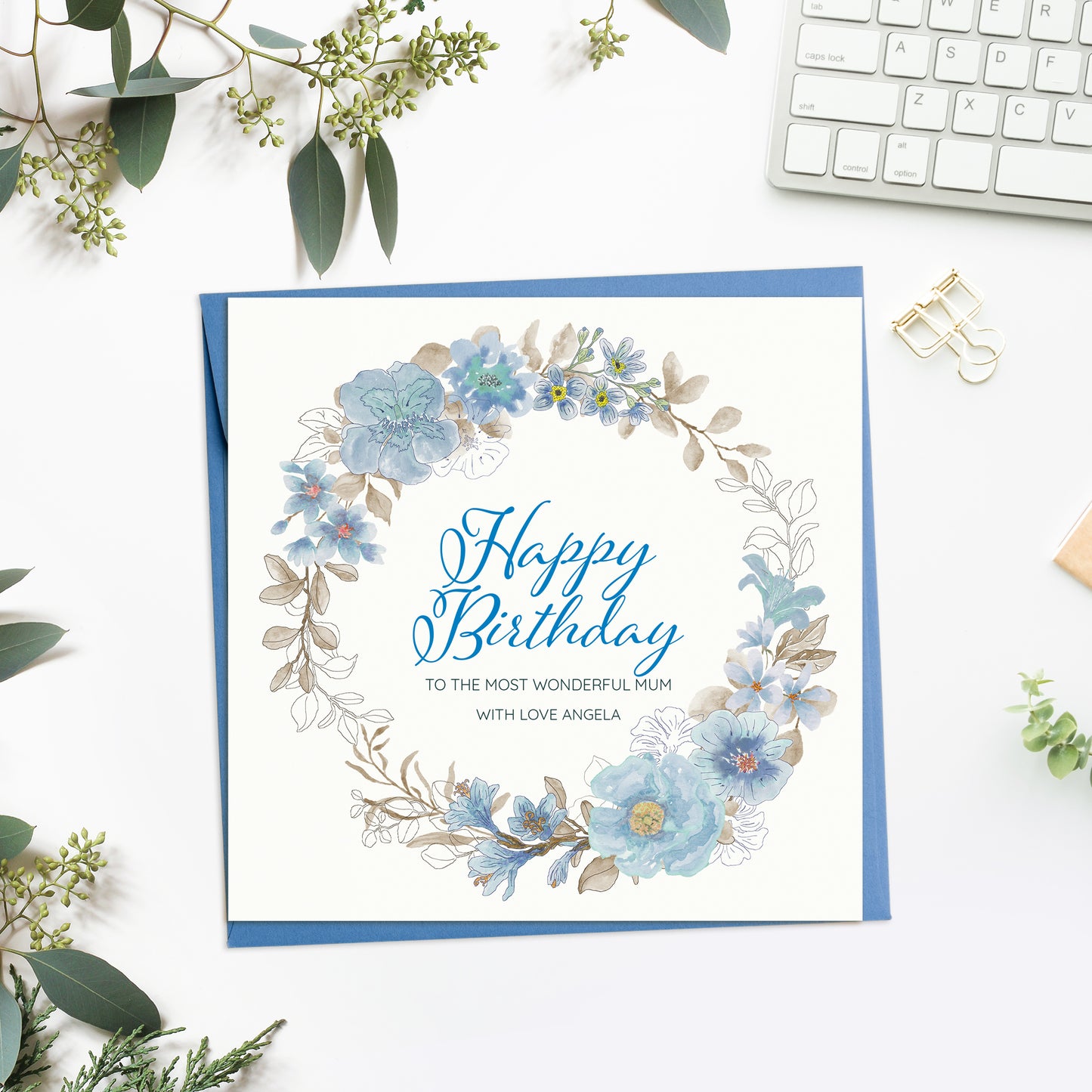 Personalised Blue Flower Birthday Card