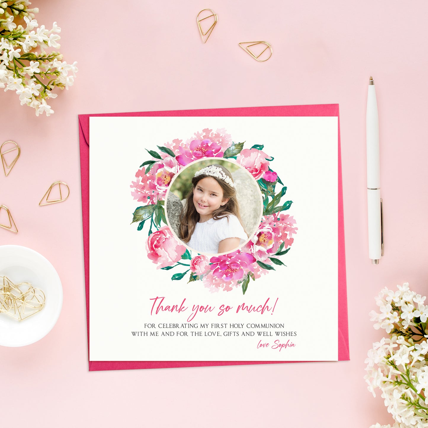 Floral Thank you Communion Photo Card