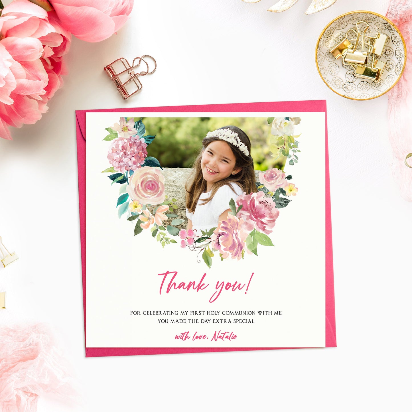 Thank you Communion Photo Cards - Roses Wreath