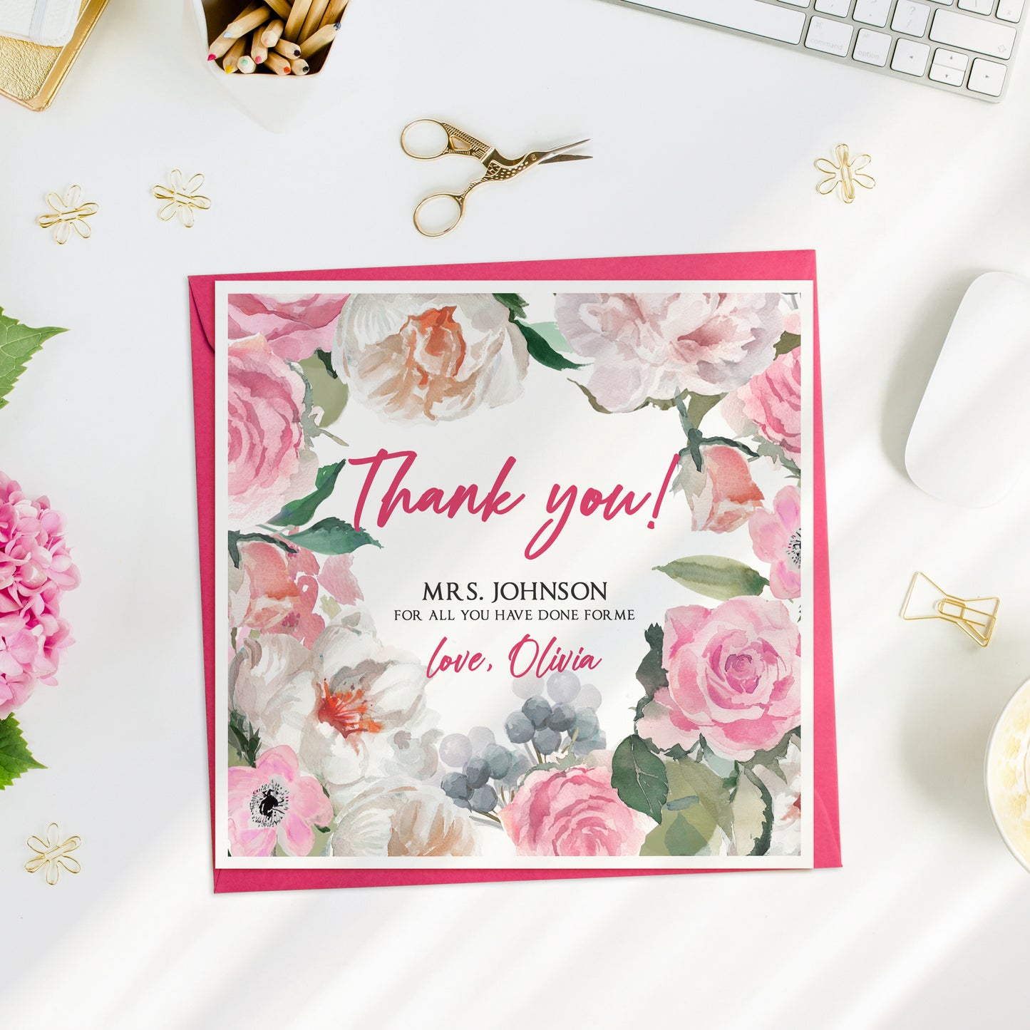 Personalised Pink Floral Thank you Teacher Card