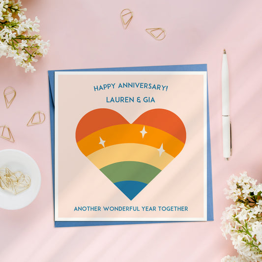 Personalised Rainbow Heart Anniversary Card