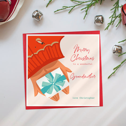 Personalised Christmas Holding Present Card for Grandmother
