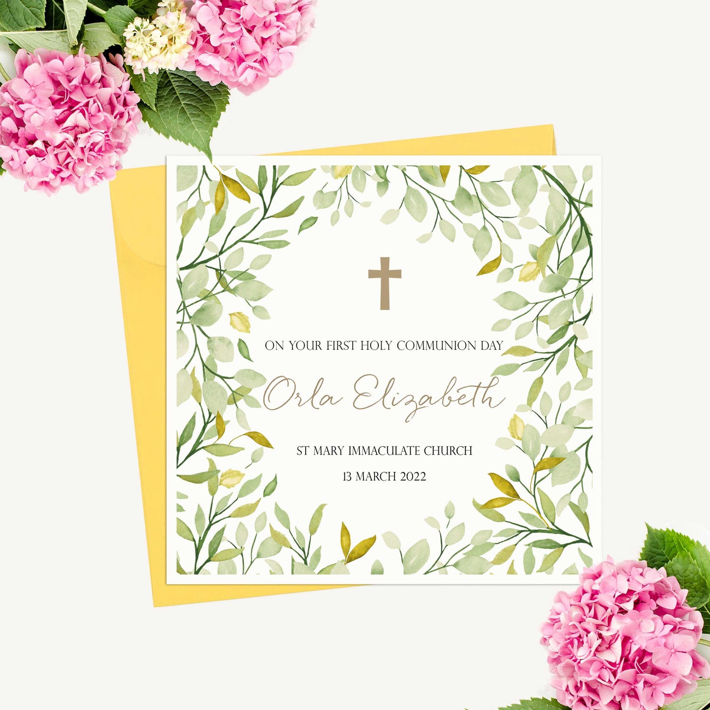 Personalised Green Foliage 1st Holy Communion Card