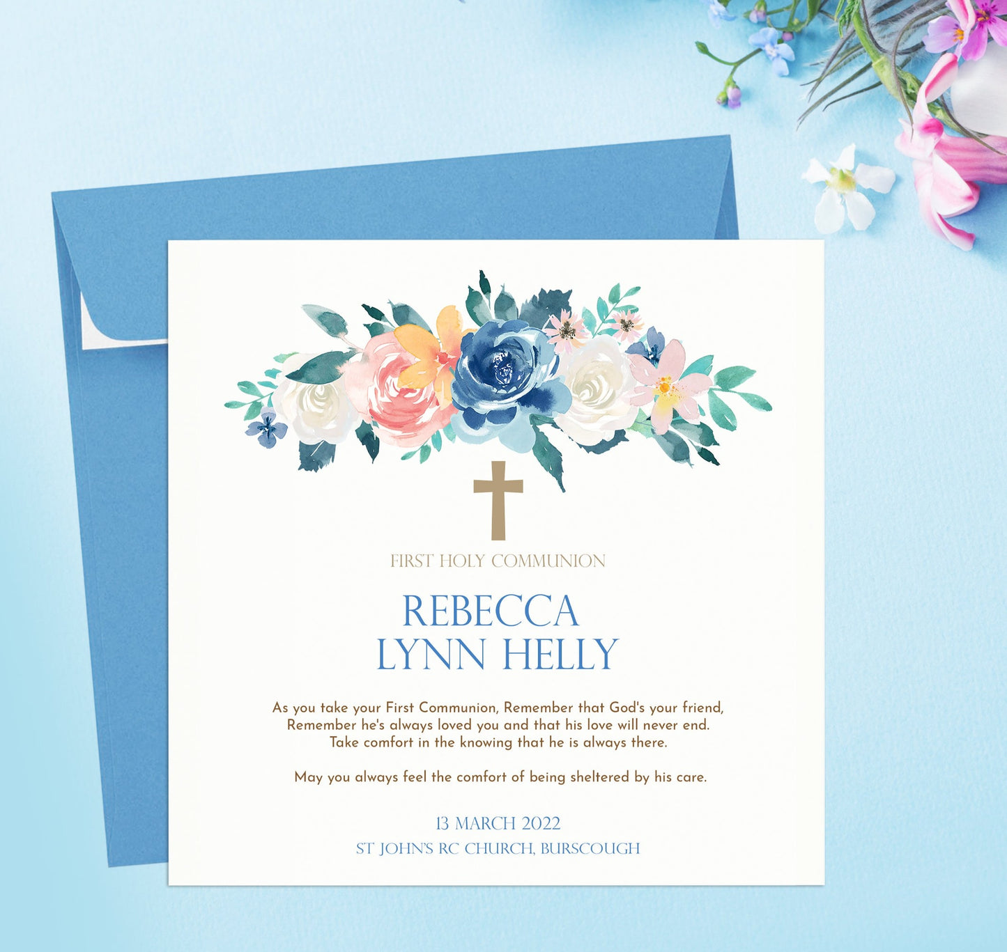 Holy Communion Card watercolour Blue Rose and Cross