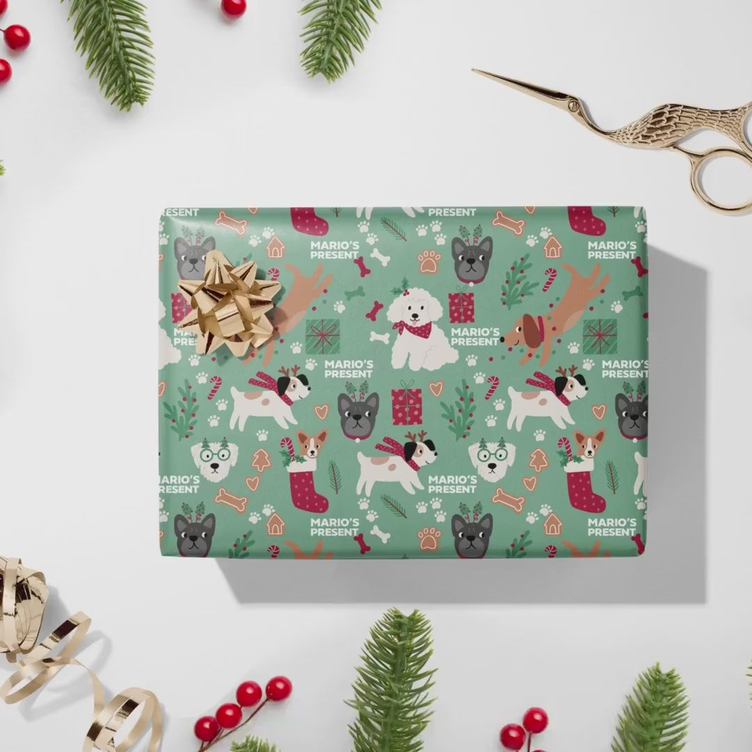 Personalised Cute Dogs Christmas Wrapping Paper, Luxury Kids Gift Wrap, Christmas Wrapping Paper, Wrapping paper with name