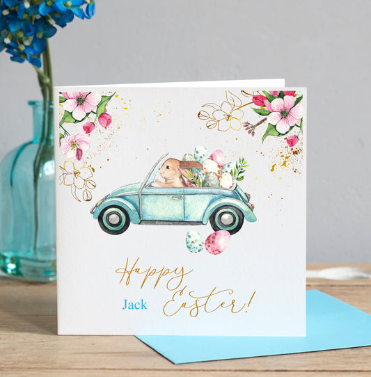 Personalised Easter Card, Driving Bunny