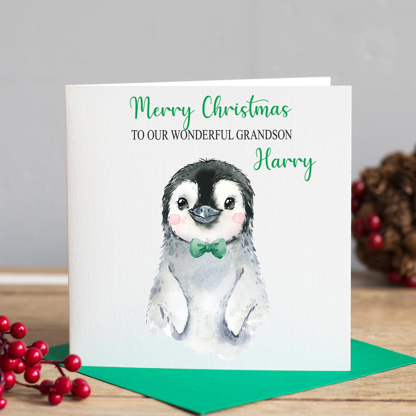 Snowy Penguin Green Christmas Card