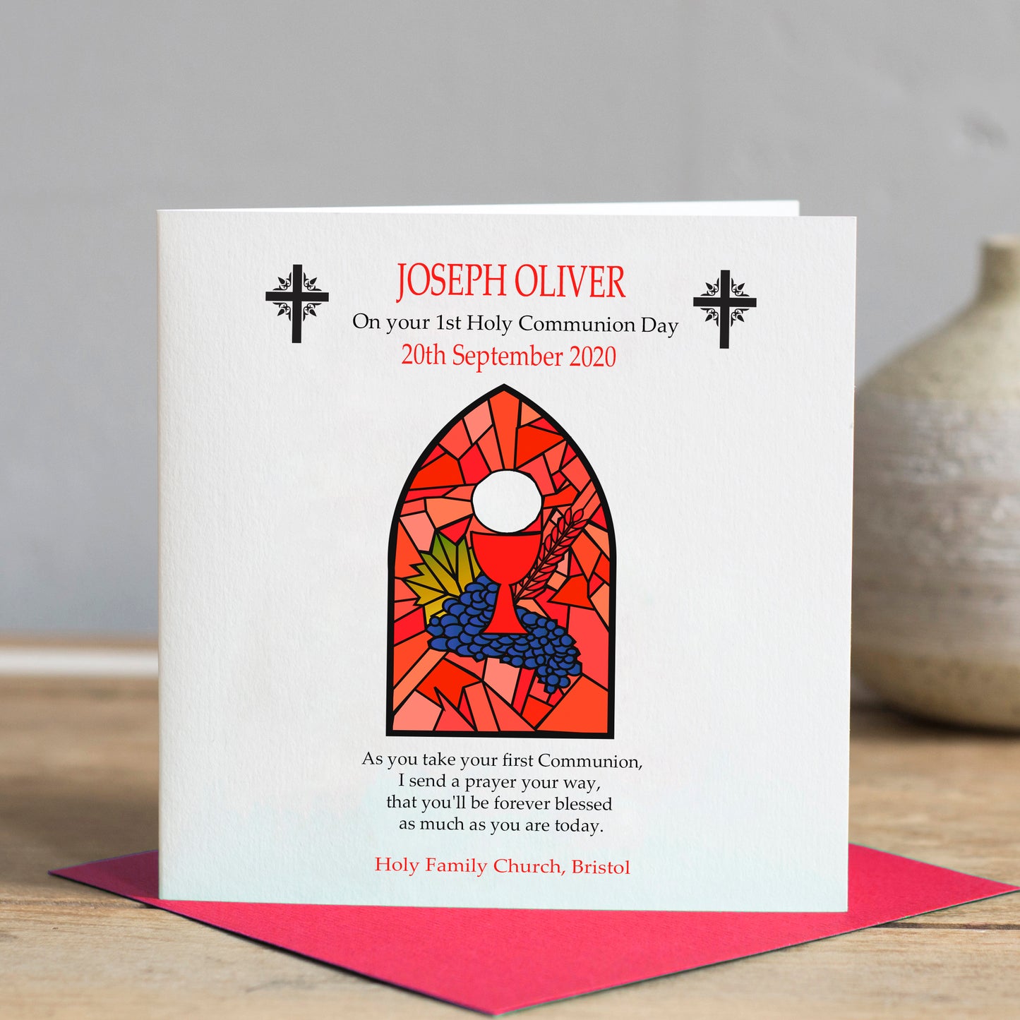 Personalised First Holy Communion Card - Sacrament Red