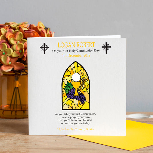 Personalised First Holy Communion Card - Sacrament Yellow