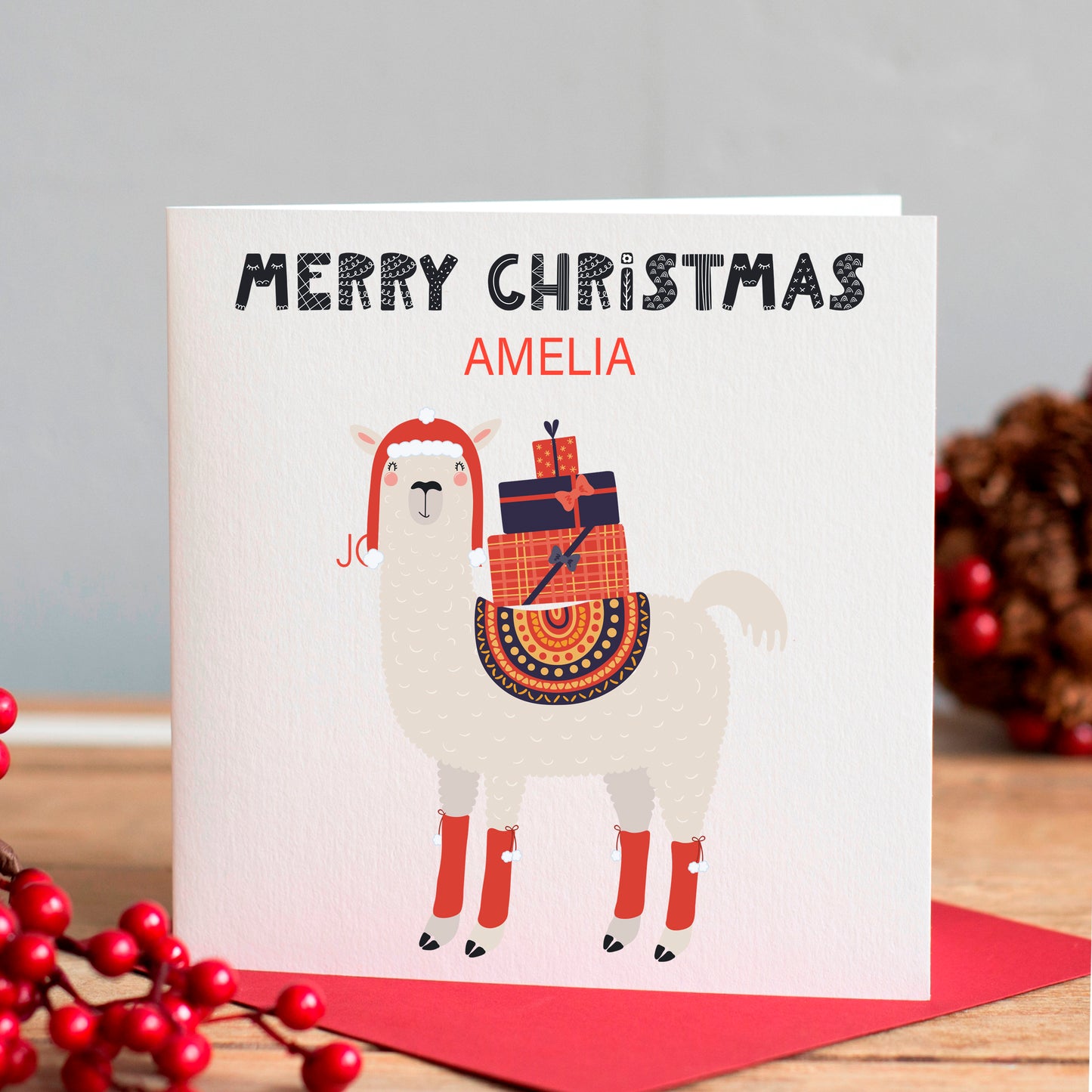 Llama Christmas Card Red