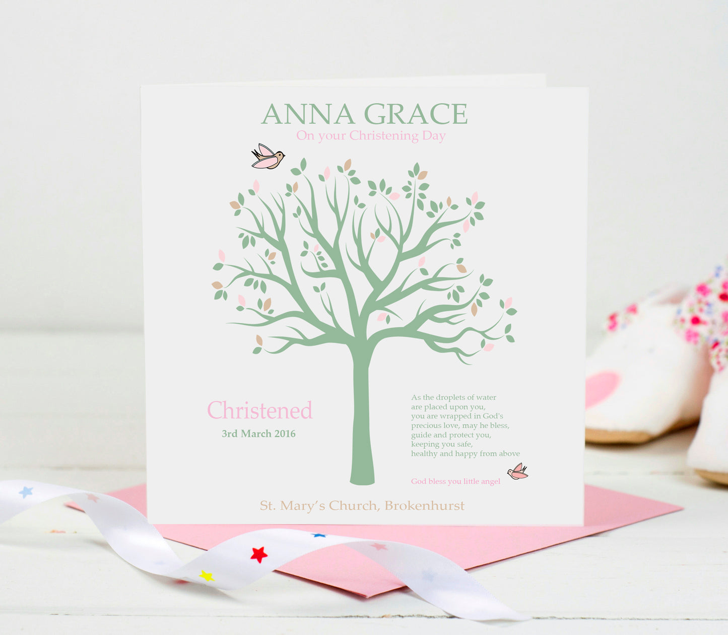 Personalised Christening Card -Pink Tree