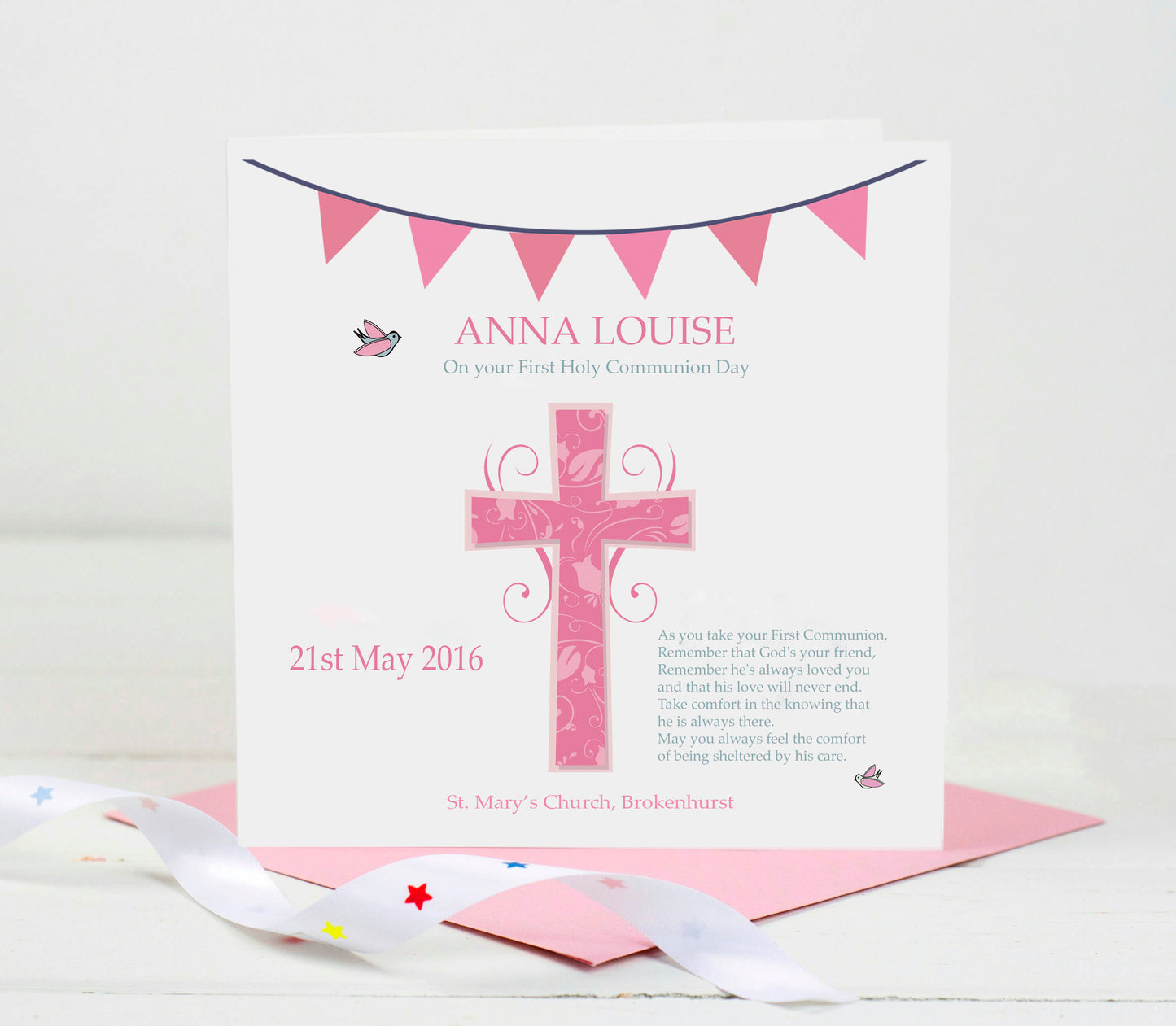 First Holy Communion Card - Pink Cross