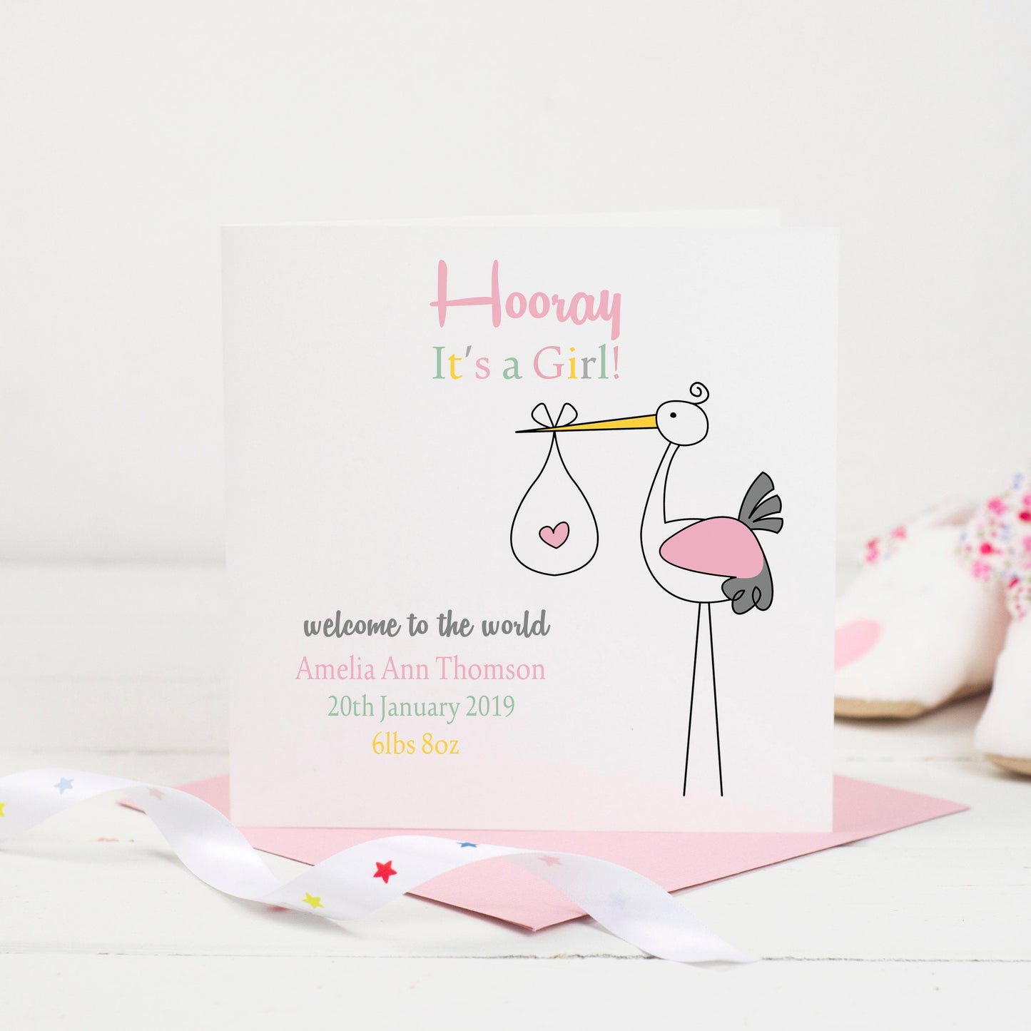 Newborn Baby Girl Card - Stork