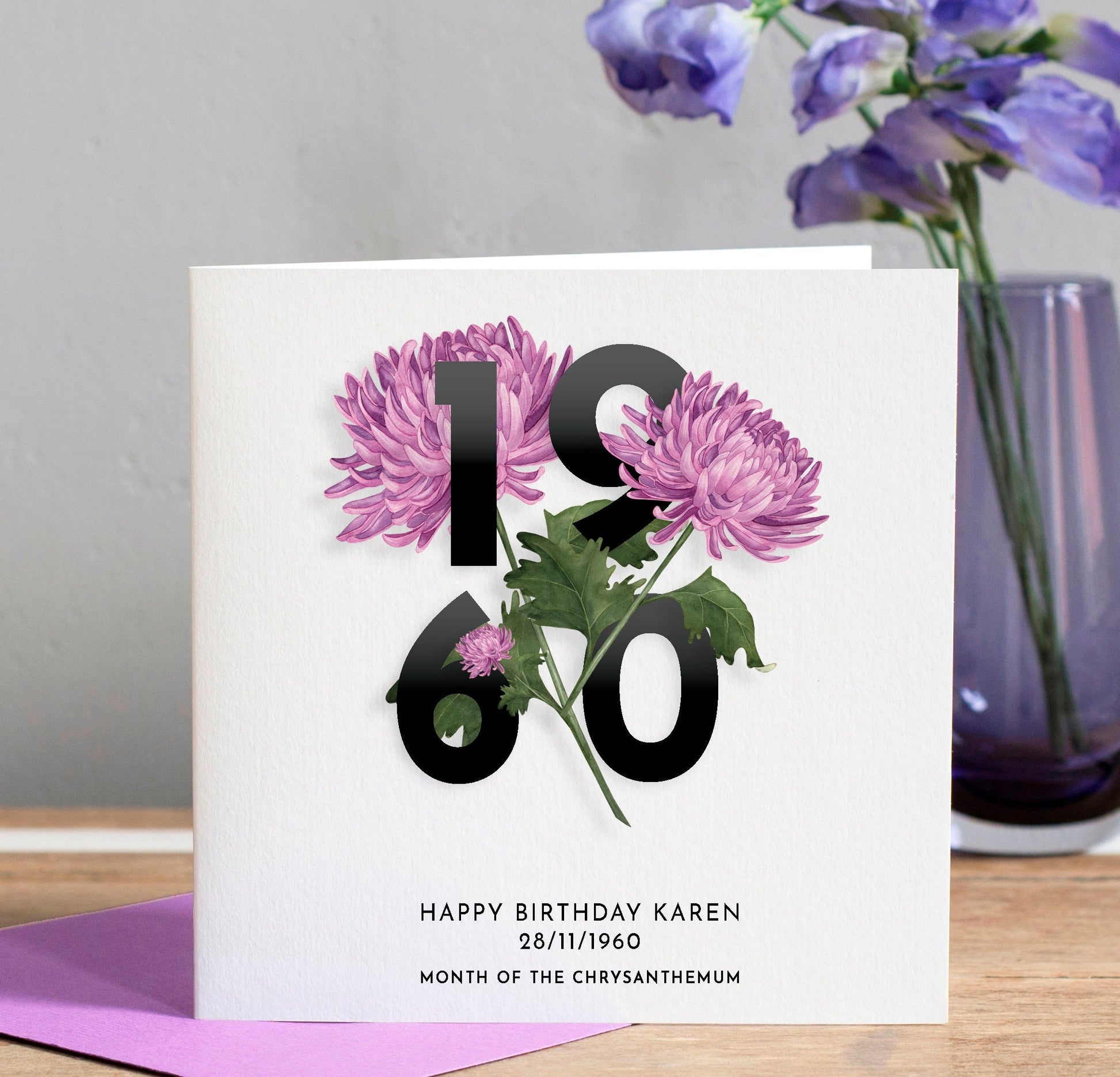 Birth Flower Birthday Card, Year Birthday Card for Her, Flower Card for Mum, Year Card for friends, Birthday Grandma, 25th, 70th, 80th