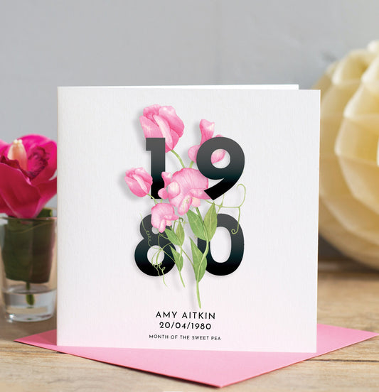Birth Year Birthday Card for her, Personalised 40th Birthday card with birth flower, 50th birthday card, 60th birthday, card for friend