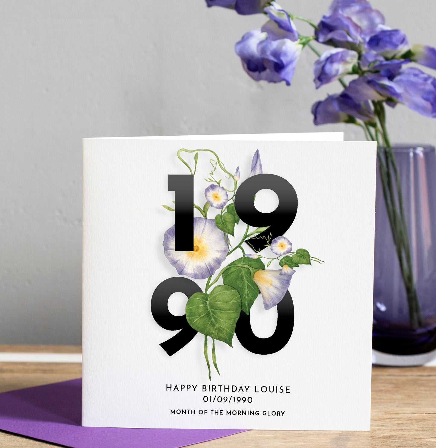 Birth Year Birthday Card for her, Personalised 40th Birthday card with birth flower, 50th birthday card, 60th birthday, card for friend