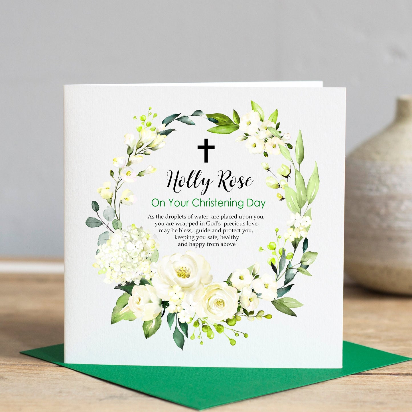 Floral Wreath Personalised Christening Card