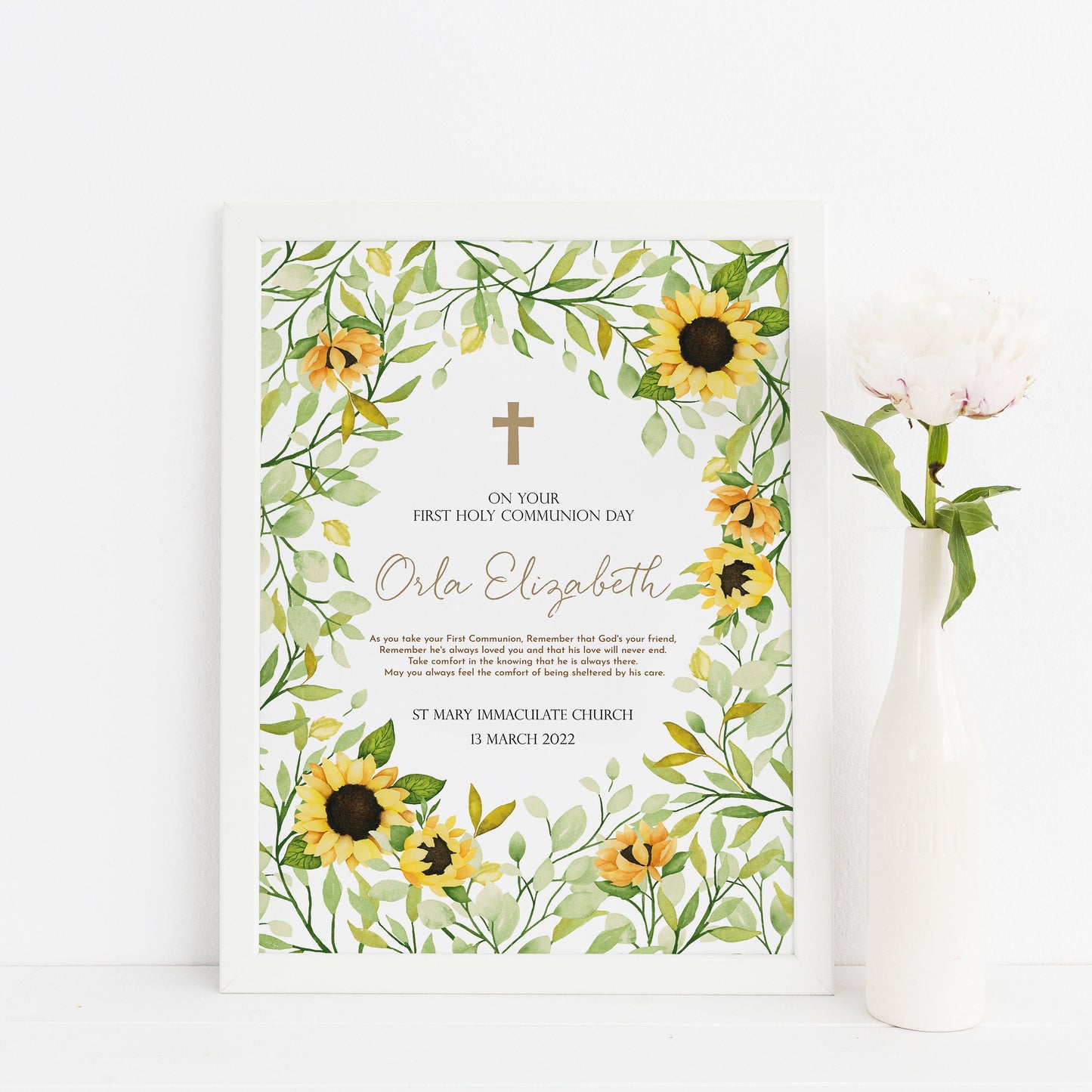 First Holy Communion Sunflowers Print, Personalised First Holy Communion Gift,  1st Holy Communion Keepsake Gift, Floral Communion Print