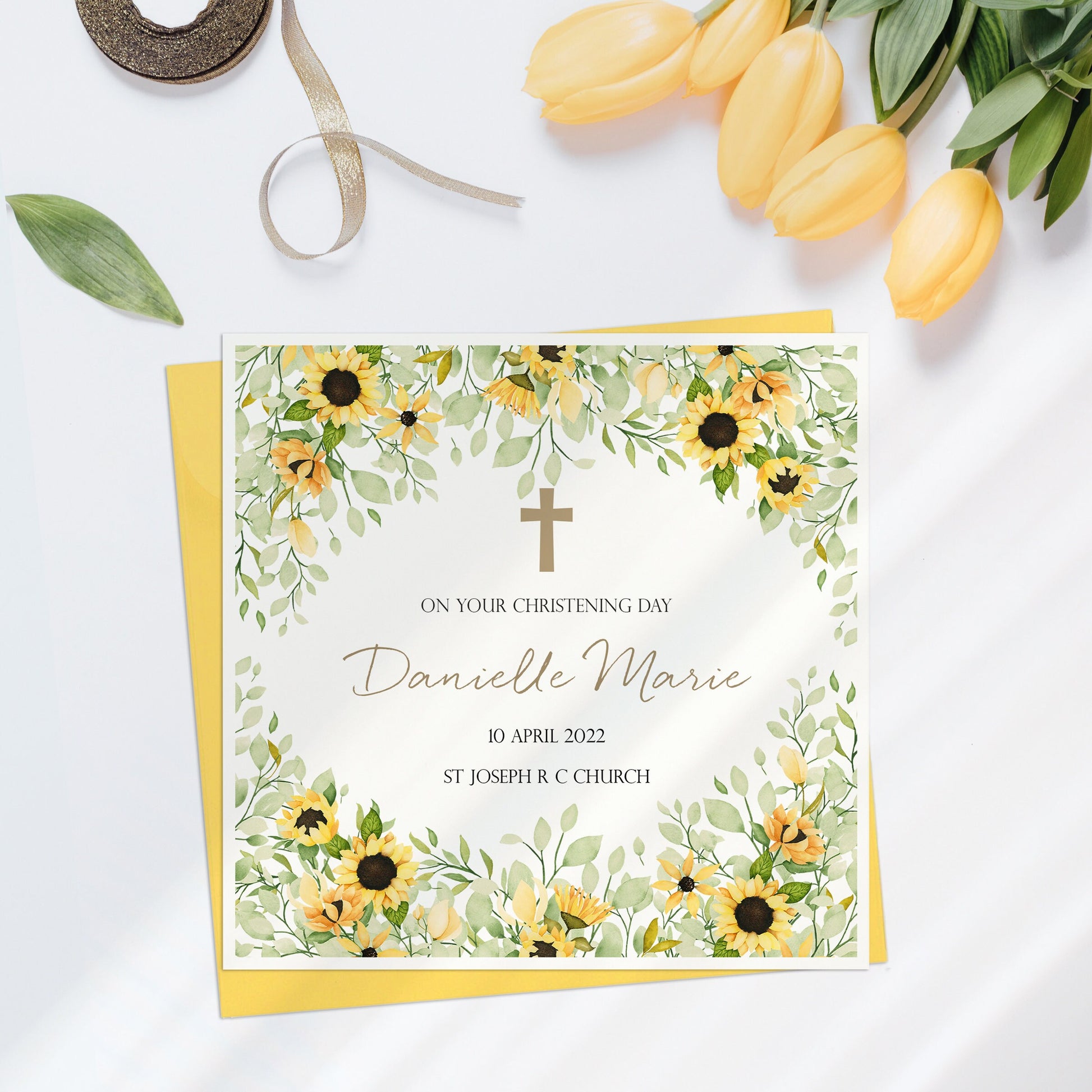 Personalised Sunflowers Christening Card, Niece Christening Card, Daughter Christening, Granddaughter Christening, Religious Celebration