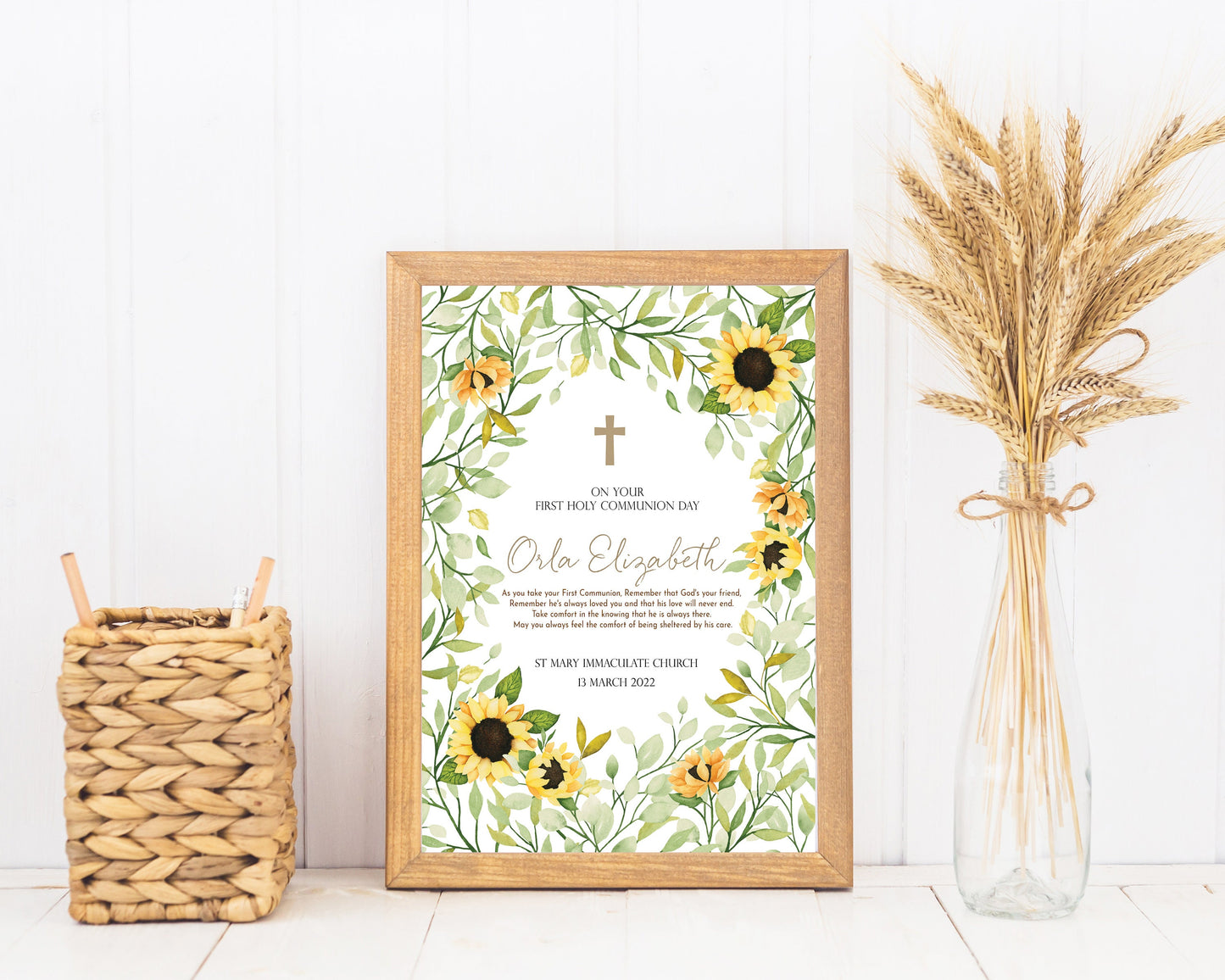 First Holy Communion Sunflowers Print, Personalised First Holy Communion Gift,  1st Holy Communion Keepsake Gift, Floral Communion Print