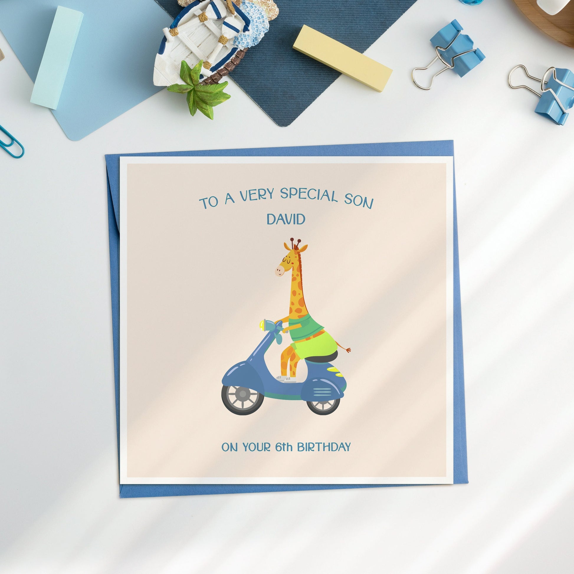 Personalised 5th Birthday Giraffe Card, Giraffe on bike 5th Birthday Card for little Boy, Personalised Giraffe Birthday Card, Age 6, Age 8