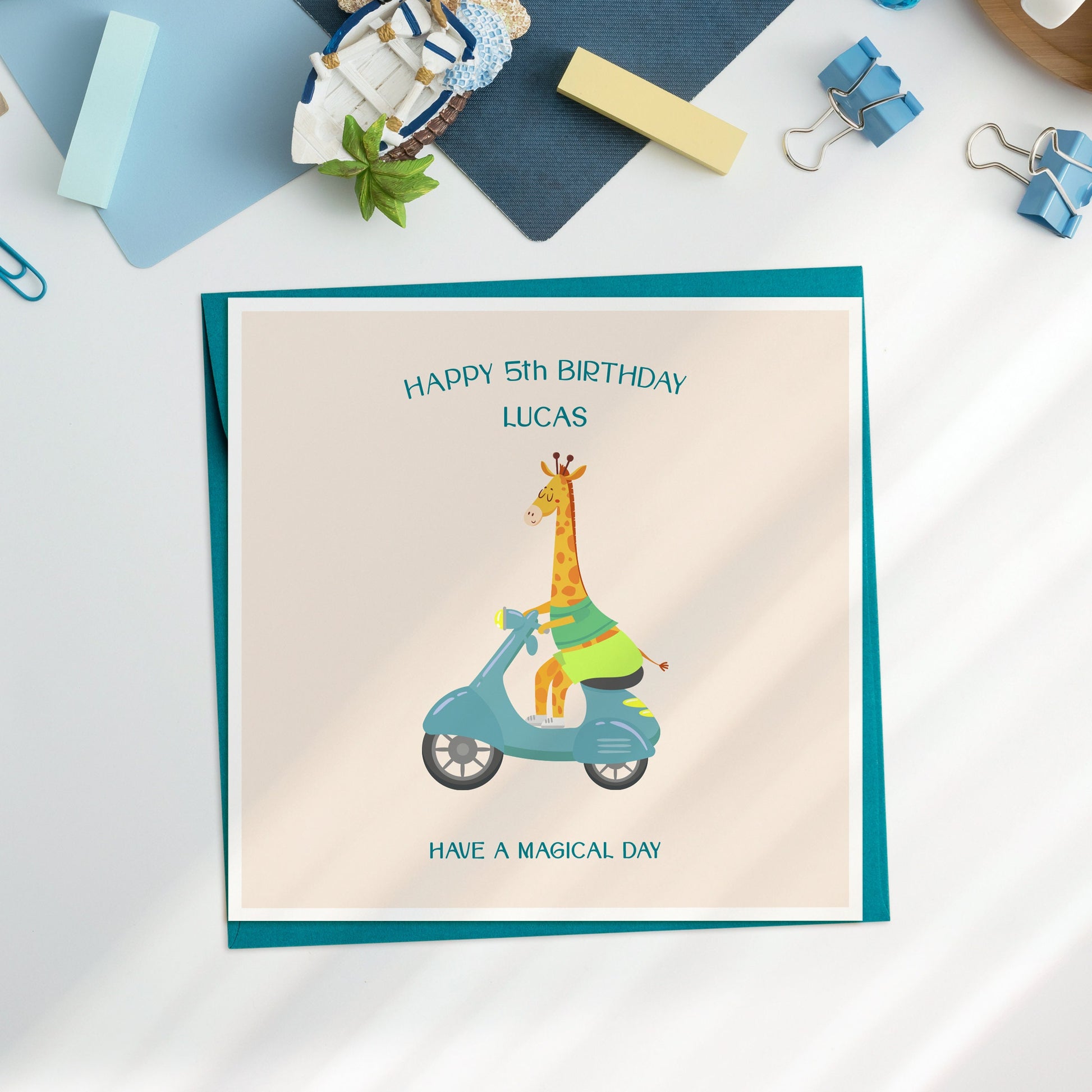 Personalised 5th Birthday Giraffe Card, Giraffe on bike 5th Birthday Card for little Boy, Personalised Giraffe Birthday Card, Age 6, Age 8