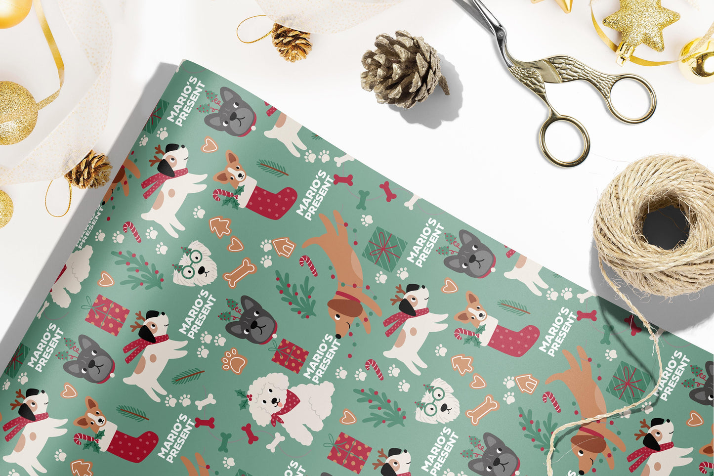 Personalised Cute Dogs Christmas Wrapping Paper, Luxury Kids Gift Wrap, Christmas Wrapping Paper, Wrapping paper with name